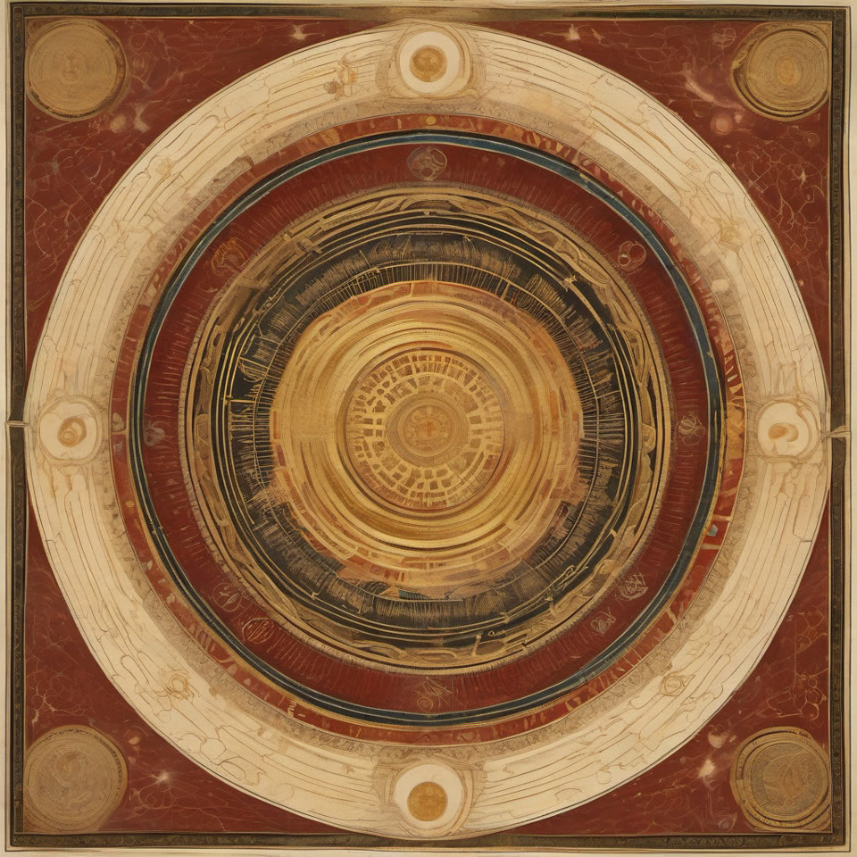 Frontispiece: an ornate mandala of gold rings and cream arcs on oxblood red.