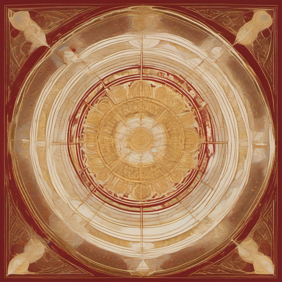 Frontispiece: concentric geometric rings engraved in gold and cream on deep crimson.